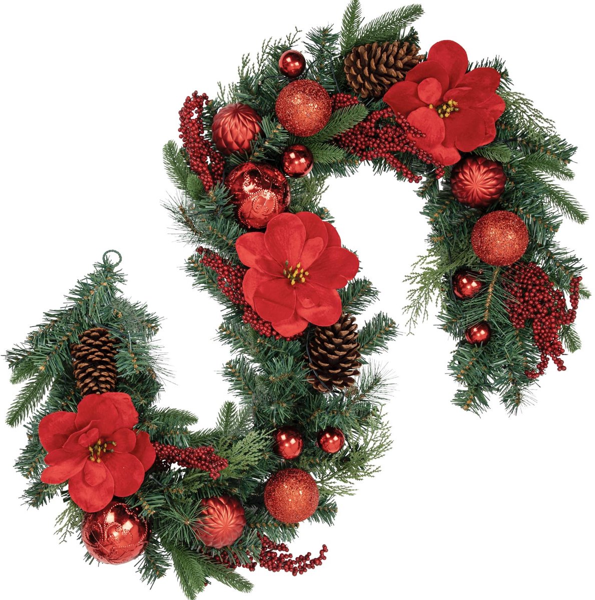 Kerstslinger van 183 cm met decoratieve kerstballen en kerstmagnolia, dennenappels, kerstdecoratie, deurkrans voor feesten, advent, huiswanddecoratie of kerstdecoratie
