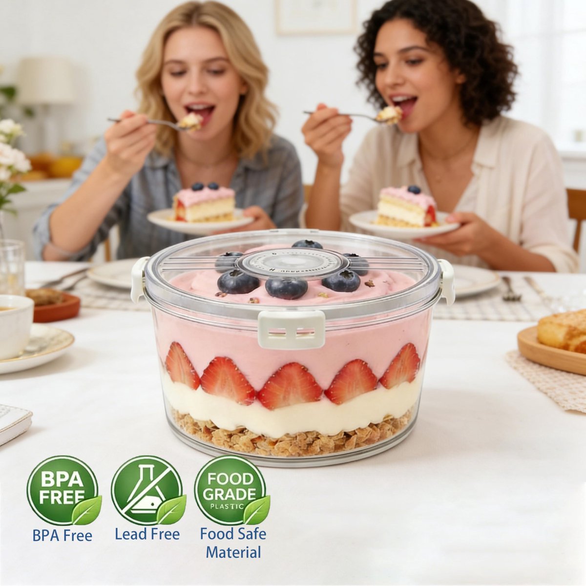 Dessertkommen met deksel, groot, 2,6 l, goed afsluitbare kom met kliksluiting en datumweergave, transparante dessertschaal van kunststof voor het bewaren van dessert, cake en fruit