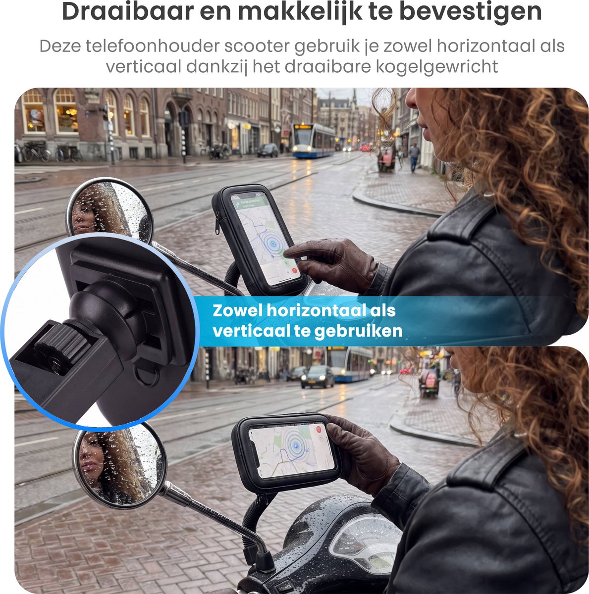 Telefoonhouder Scooter - Flexibel - Spiegel Bevestiging- Waterdicht - Draaibaar - GSM Houder - Ook voor motorfiets, brommer & rolstoel - Universeel – foto 6