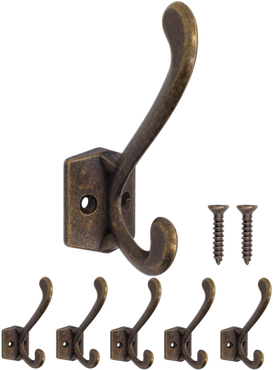 Massieve ijzeren haken, garderobehaken, handdoekhaken, set van 5, antiek messing brons design