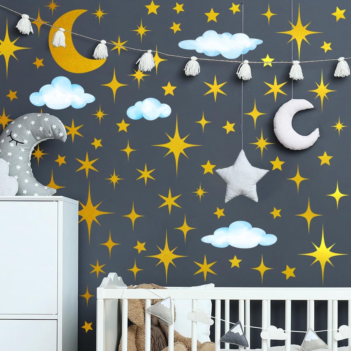 Dailygoods- Muursticker Sterren - Muurstickers Kinderkamer - Muurstickers Slaapkamer - Peel en Stick - Decoratie Vinyl - Gouden Maan en Wolk - Wanddecoratie