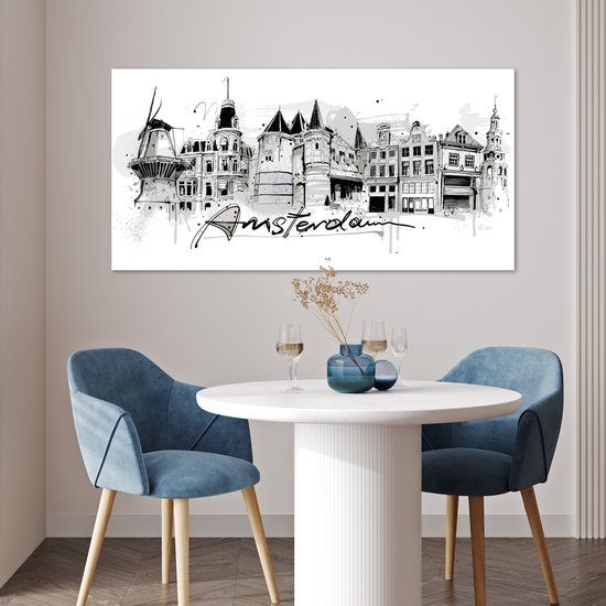 Paysage urbain monochrome d'Amsterdam avec moulin à vent et maisons de canal, avec le mot 'Amsterdam' en calligraphie élégante.