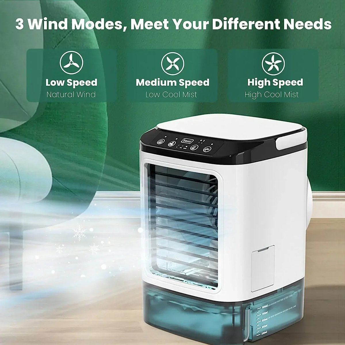 Norvia - Airco - Draagbare Luchtkoeler - Met Verneveling - USB Aircooler - 3 Snelheden - LED Nachtlamp - Desktop Ventilator — afbeelding 3
