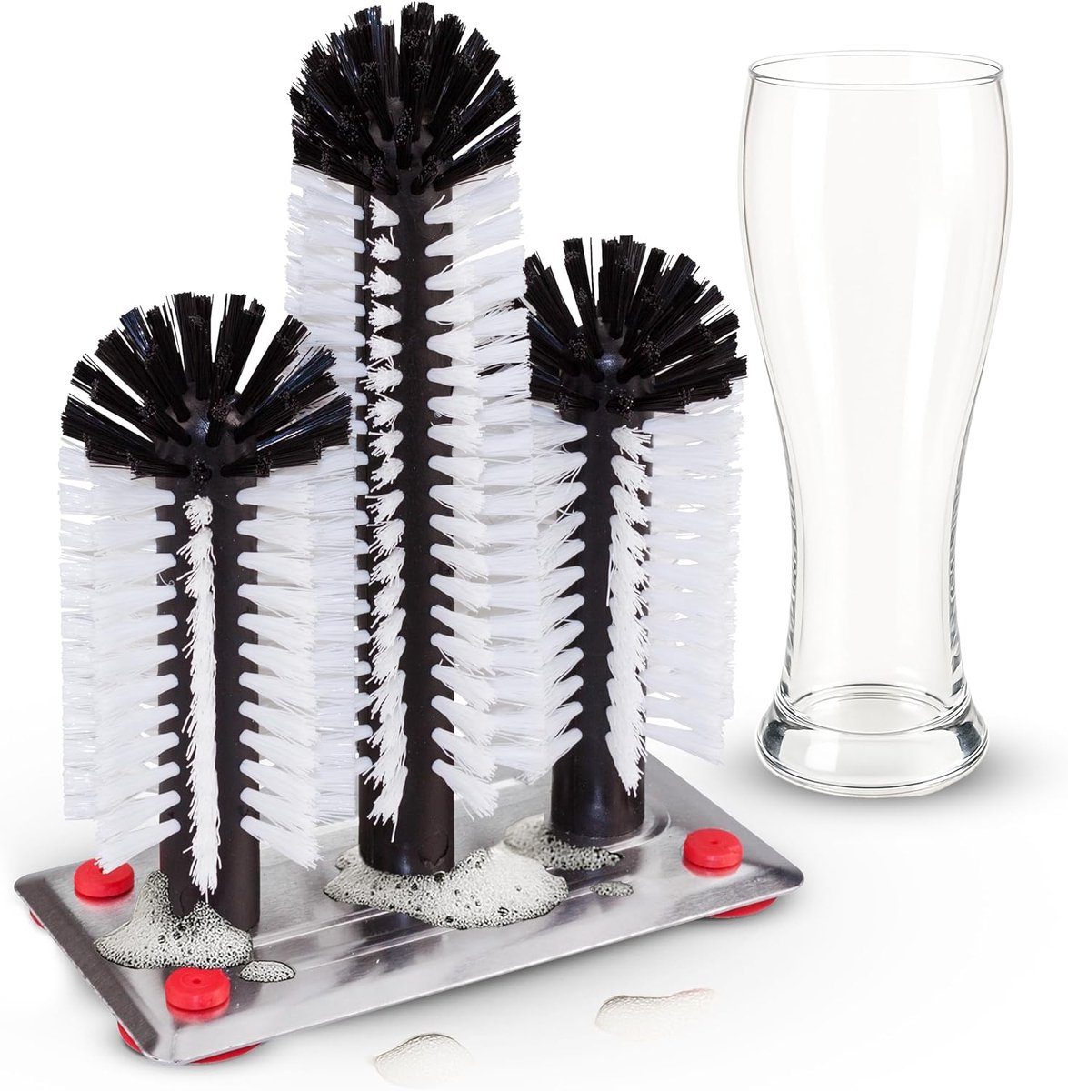 Glazenspoeler met aluminium plaat, 3 afwasborstels en zuignap, glazen spoeler voor thuis, bar, toonbank, horeca, party, spoelbak, glasborstel, glasborstel, bierglazen, reiniging