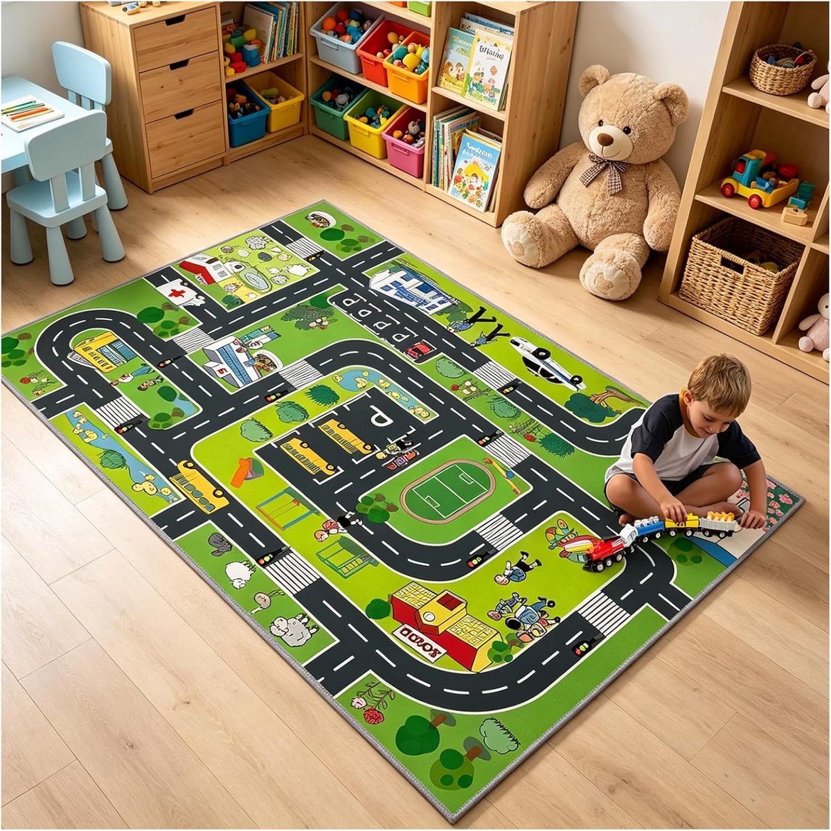 kinderkamer 120 x 180 tapijt met straat - voor jongens en meisjes die graag met auto's spelen en rollenspellen | wasbaar antislip speeltapijt straat
