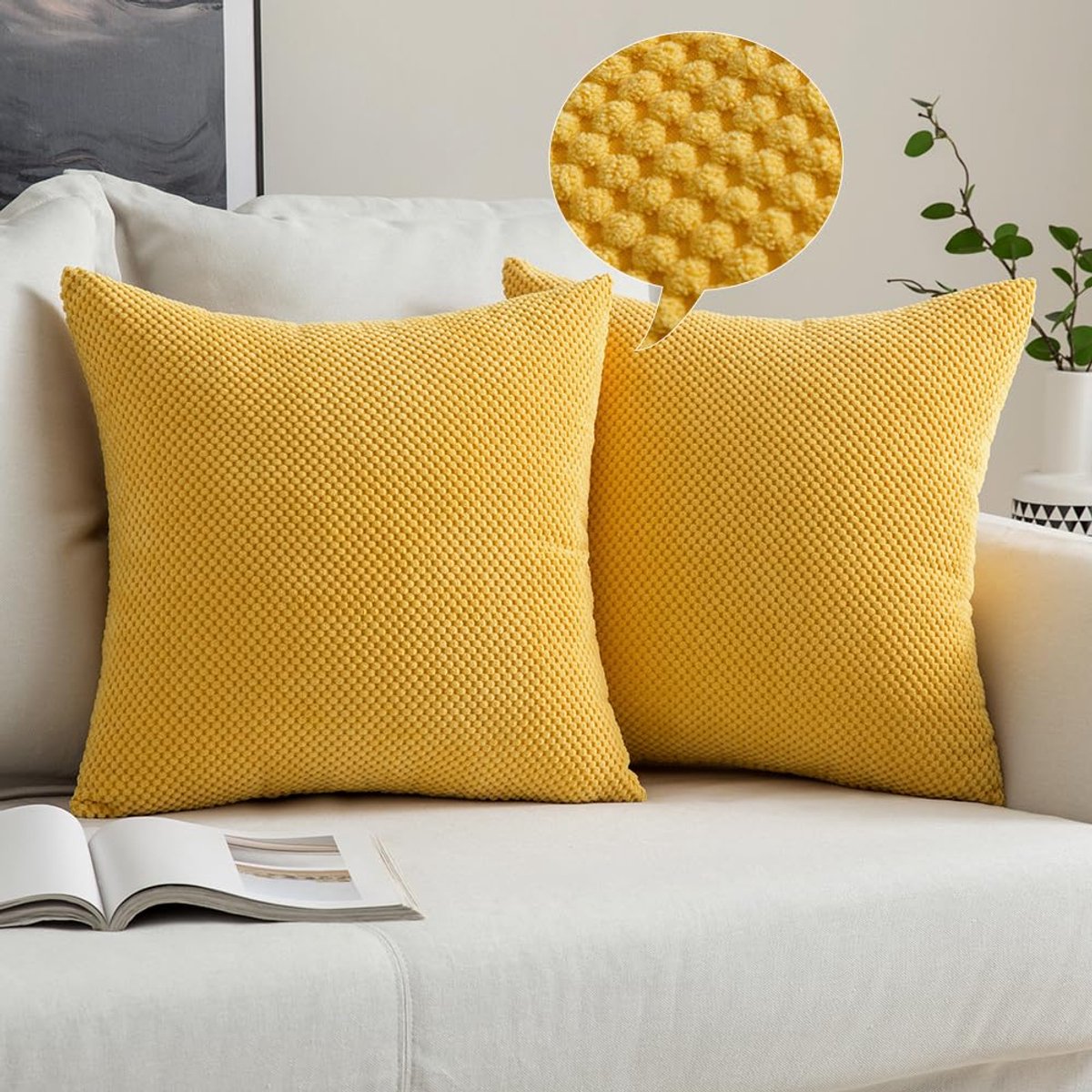 Decoratieve vierkante kussenhoezen met ananas-korrelpatroon, zachte kussenovertrekken voor sofa of slaapkamer, set van 2 stuks, 40 x 40 cm, citroengeel