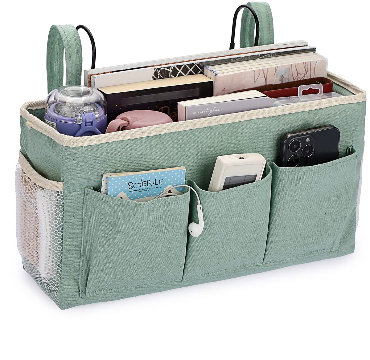 Canvas Bed Ophangende Opbergzakken Met Metalen Haak Verstelbare Tape Slaapzaal Bed Organisator Caddy Multifunctionele Tas Huis Kantoor School Ziekenhuis, Groen (IGPUK0581)
