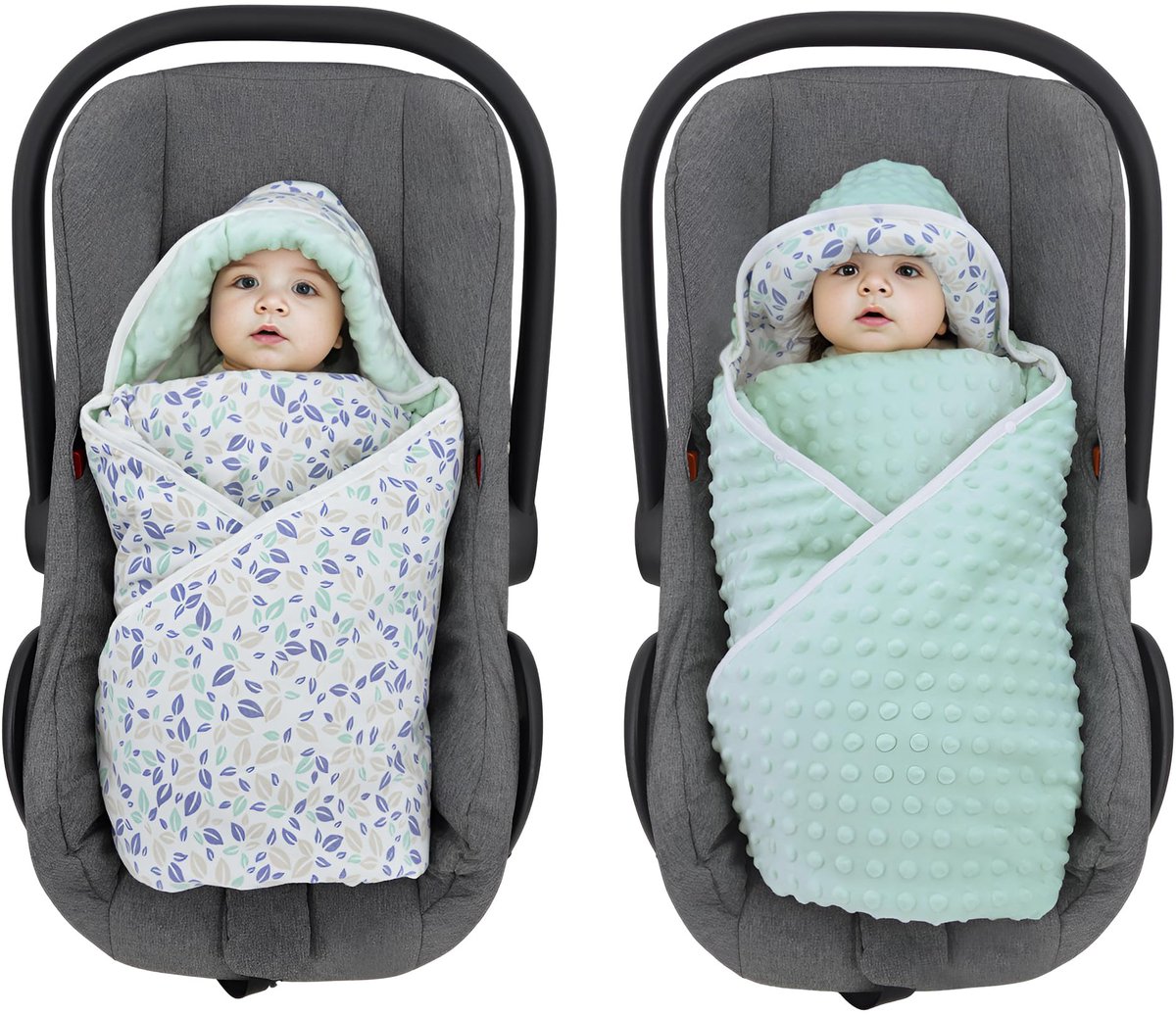 Wikkeldeken voor babyschaal, 90 x 90 cm, dubbelzijdig gewatteerd, 100% katoen, babydeken voor kinderwagen, buggy, autostoeltje (bladeren)