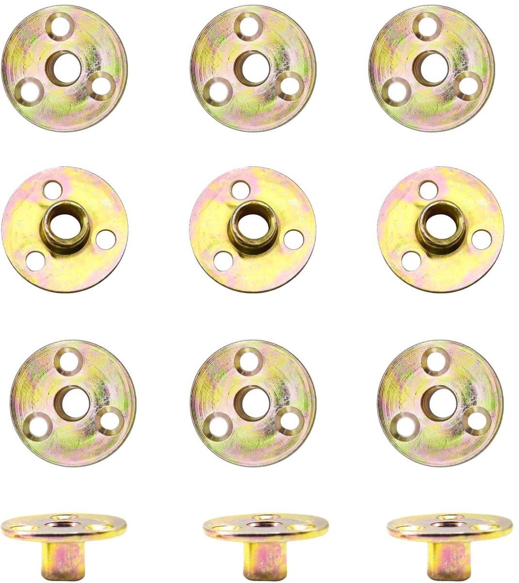 Moeren, M10 x 37 x 2,5 mm, inslagmoeren M10 flensgat T-moer met ronde basis boorgat 3 gaten T-moer hulsmoeren M10 voor bevestiging en verbinding van hout, binnendraad