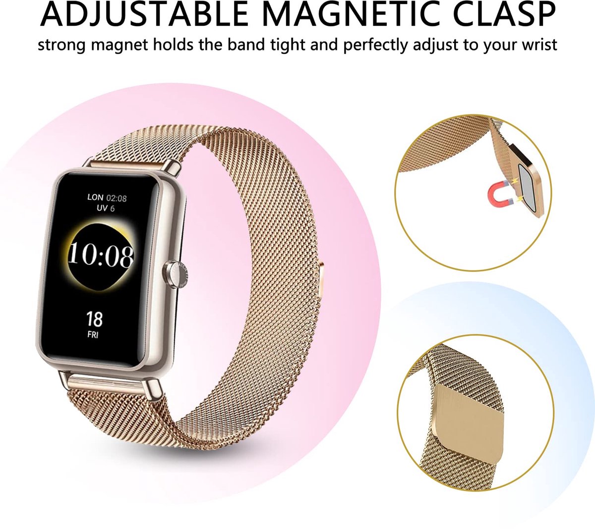 Mini, verstelbare roestvrijstalen armband, magnetische snelsluiting, reservearmband voor Huawei Watch Fit Mini, roségoud