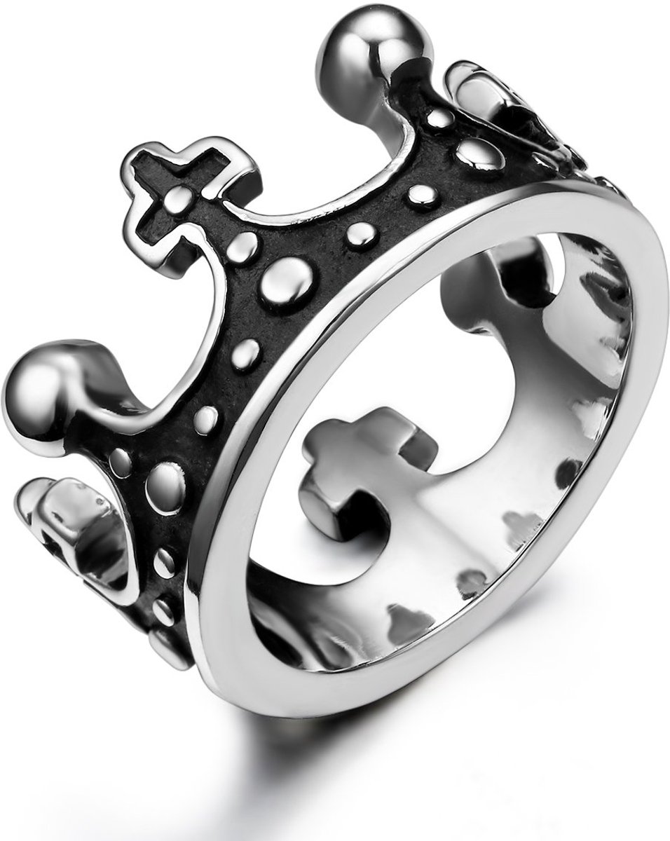 JewelryWe Sieraden roestvrij staal dames heren ring, retro kroon unisex band partnerringen verlovingsringen trouwringen, zwart zilver maat 52 tot 65 - met geschenkzakje