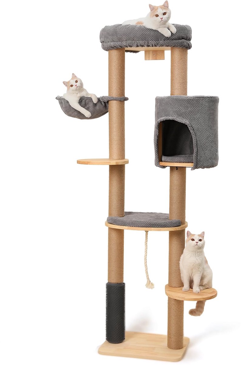 Krabpaal voor volwassen katten, XXL, voor wandmontage, van hout, 188 cm hoog, kattentoren van massief hout, met borstel, zitstang, hangmat, hol en jute mat.