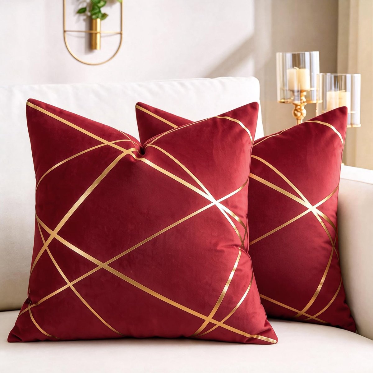 50 x 50 cm, fluweel, rood, decoratief, kussenslopen, gouden lijnen, geometrisch, kussen, woonkamer, slaapkamer, bank, kussensloop, bank, winter, lendenkussen, 2 stuks