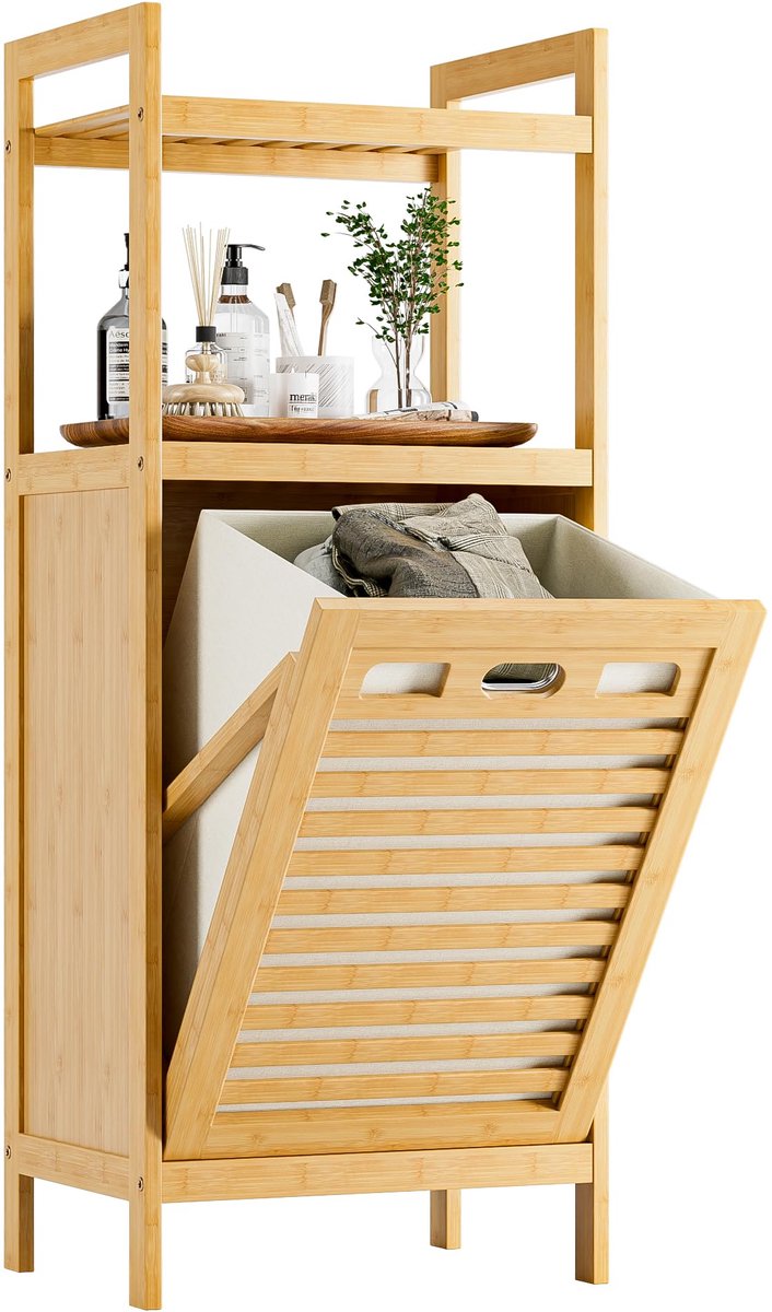 Mandkast met verwijderbare mand en twee open planken, ruimtebesparende badkamerkast van bamboe, geschikt voor kleding, handdoeken en speelgoed, naturel