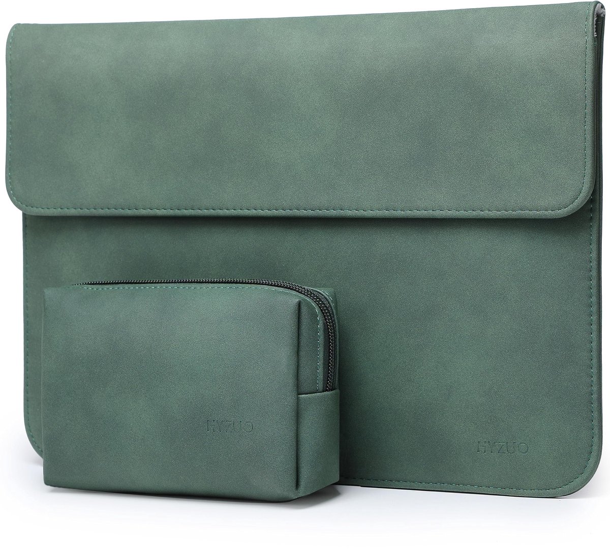 Dailygoods - 13 Inch Laptophoes van Kunstleder met Extra Zakje - Middernacht Groen