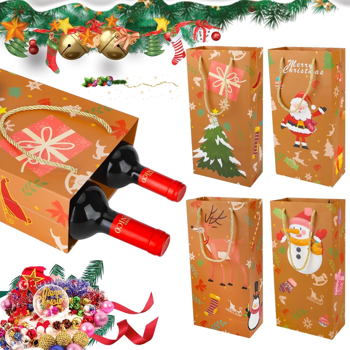 Dailygoods- Geschenkzakjes Kerst - Dubbele Fles - Wijnzakken - Cadeautasjes - Inpakzakjes - 12 Stuks - Cadeauzakjes