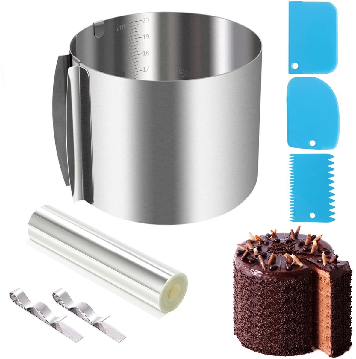 Dailygoods- Taartring Verstelbaar Hoog 20 cm - Bakring Roestvrij Staal Ø 16-30 cm - Taartvorm - Bakframe - Voor Ronde Desserts - Voedselveilig Materiaal