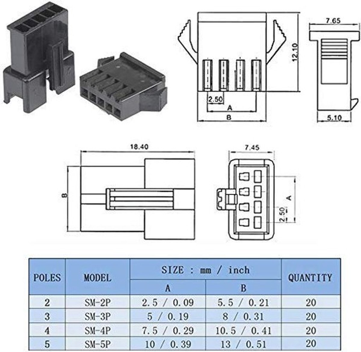 Dailygoods SM Connector Set - 560 stuks - Mannelijk en Vrouwelijk - Zwart - 2,5 mm - Ideaal voor Elektronica - Connector Assortiment