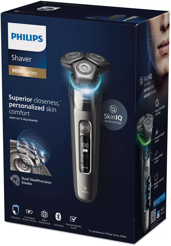 Boîte du rasoir Philips Shaver 9000 Series avec images et texte.