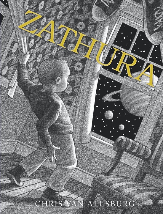 Boekomslag met de titel ZATHURA in gele letters. Een jongen kijkt naar de ruimte vanuit een raam. Chris Van Allsburg.