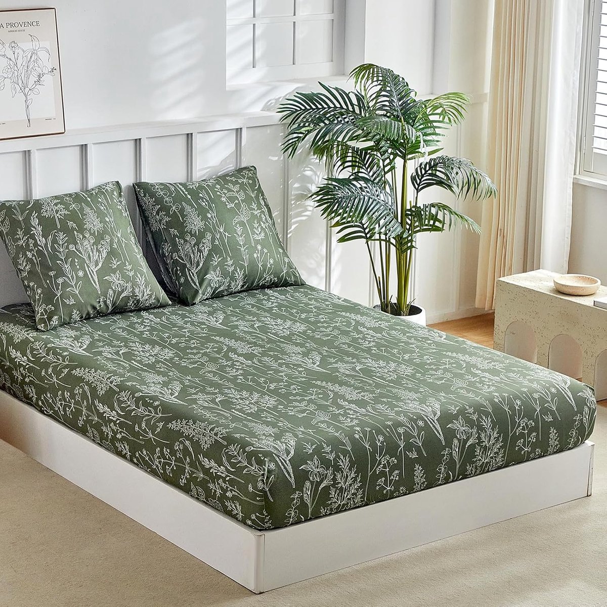 Hoeslaken, 160 x 200 cm, voor tweepersoonsbed, 35 cm, grote spanhoogte, met 2 kussenslopen van 65 x 65 cm, zachte microvezel, met bloemenmotieven, handgetekend, donkergroen
