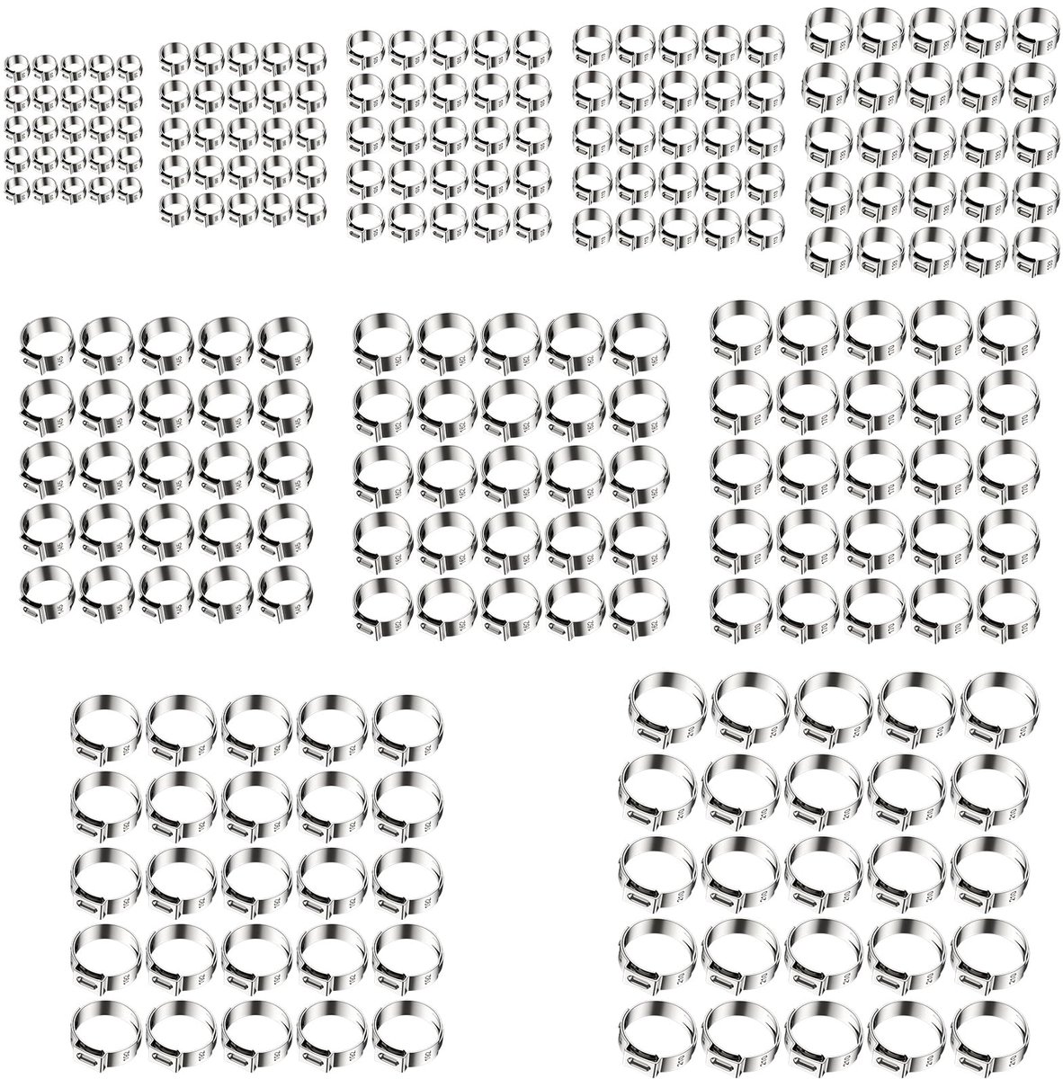 Slangklemmen van roestvrij staal 304, 200 stuks, enkele oorbuisklemmen, 10 maten voor bevestiging van slangen