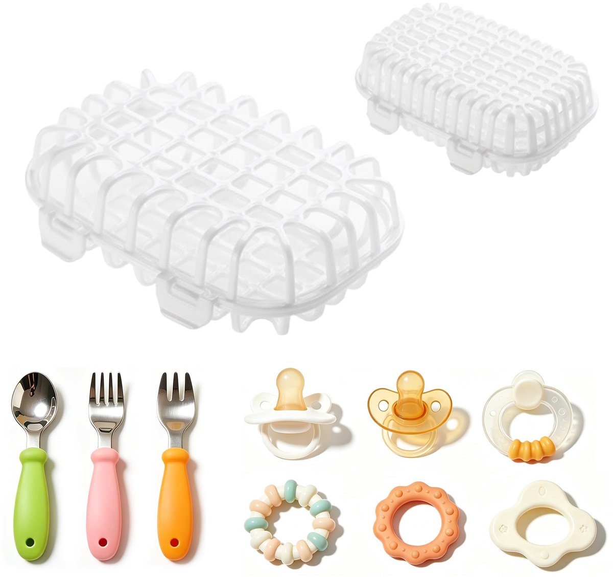 Mand set van 2 stuks voor kleine onderdelen, vaatwassermand van kunststof, bestekmand voor deksel, Piksies, fopspeen kleine onderdelen, drinkflessen, accessoires