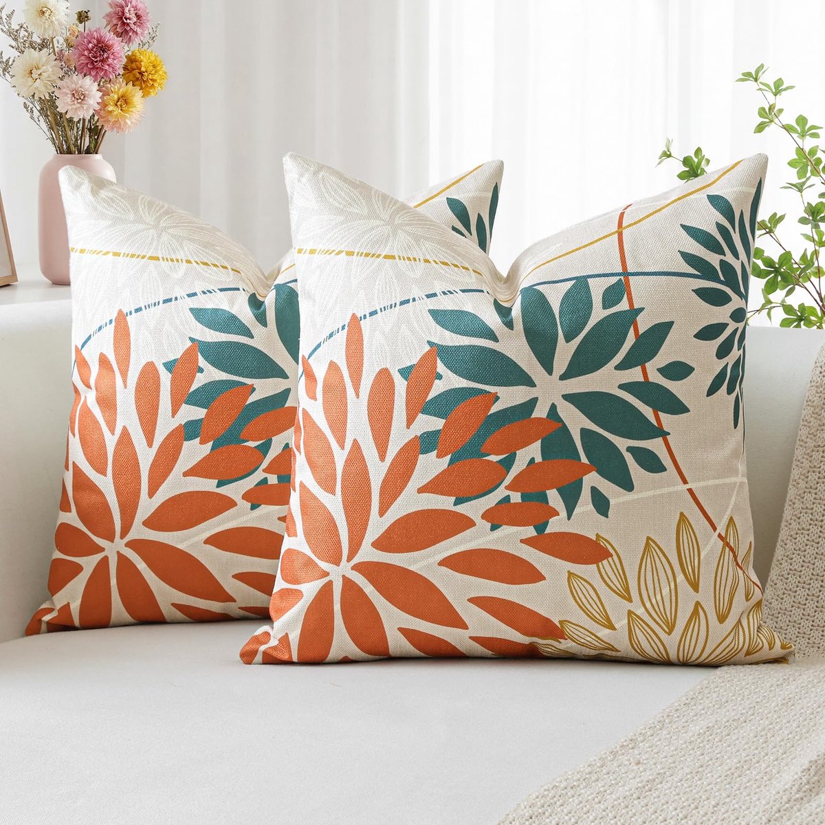 Set van 2 oranje en blauwe kussenslopen, decoratief, 45 x 45 cm, lentekussenovertrek, geometrisch linnen, voor thuis, bank, slaapkamer, decoratief