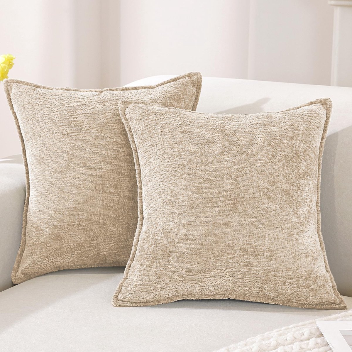 Chenille Kussenhoezen 40x40 2er Set, Zachte Decoratieve Kussenhoes, Moderne Kussensloop Met Onzichtbare Rits, Duurzaam Kussenslopen Voor Woonkamer,Bank,Slaapkamer, Haver