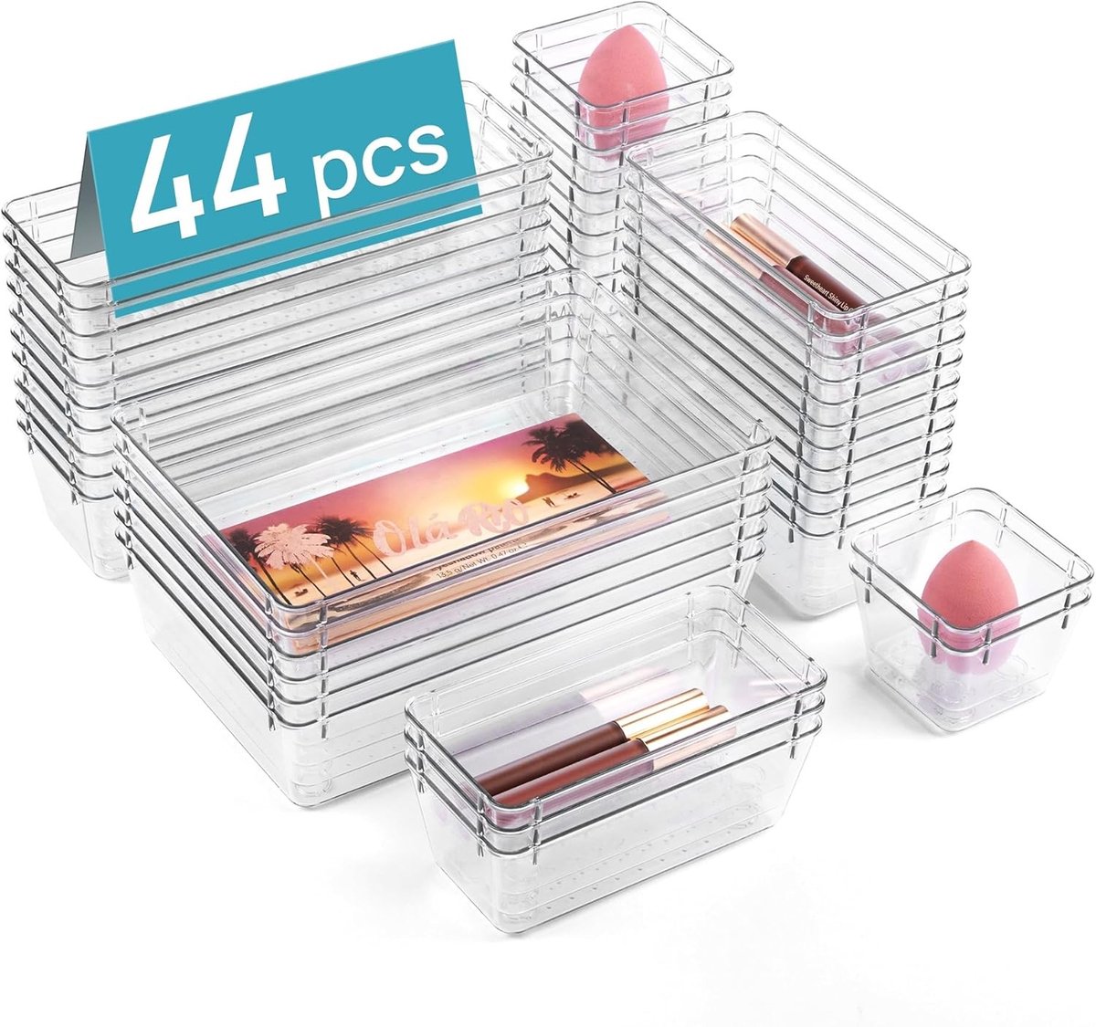Set van 44 Lade-organizers in 4 Maten, Transparante Plastic Opbergdozen voor Make-up, Keuken, Kantoor en Meer