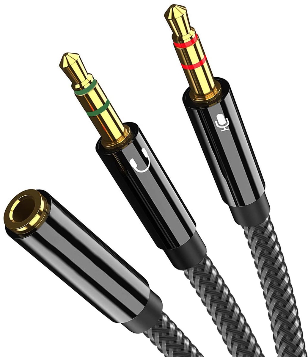 Mic Splitter, 2 in 1 Microfoon Splitter Adapter, 3,5 mm vrouwelijk naar 2 dubbele 3,5 mm mannelijke koptelefoon splitterkabel, compatibel met PC-computer, luidspreker (zwart)