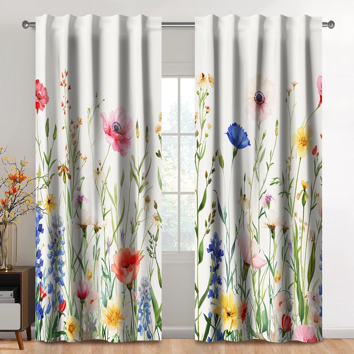 117 x 138 cm bloemengordijnen, 2 panelen, botanische kruiden crèmekleurig, geel, blauw, roze, wilde bloemen, stelen, raamgordijn, elegante decoratie voor woonkamer, slaapkamer, eetkamer