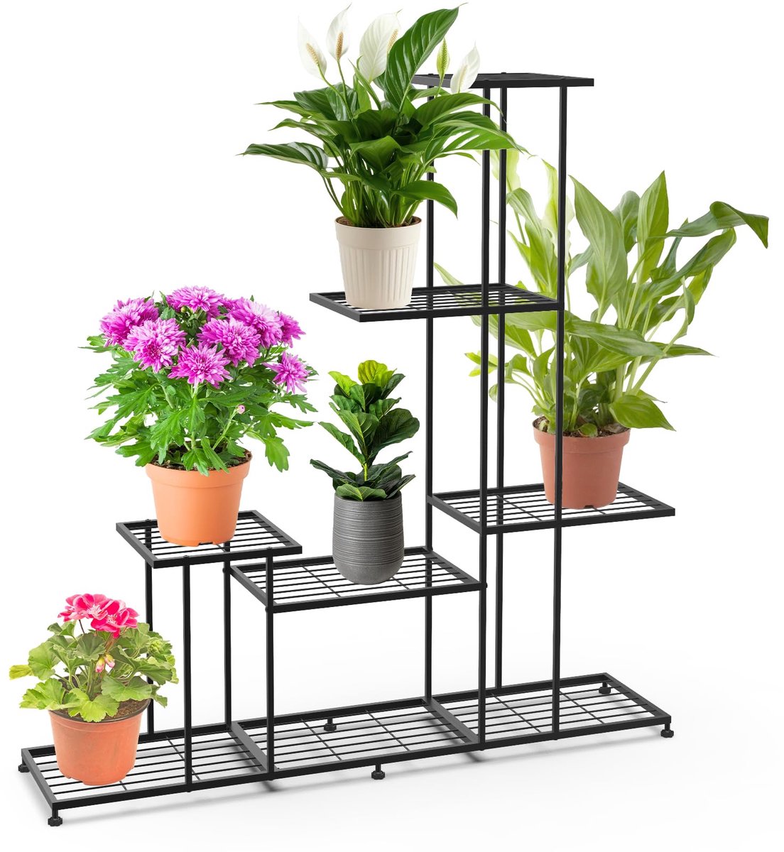 Plantenstandaard zwart metaal, 5 niveaus vazen, terras, tuin, woonkamer, balkon, slaapkamer
