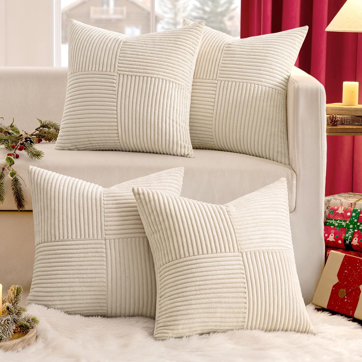 Set van 4 kussenslopen, 50 x 50 cm, van corduroy, decoratief, zacht, modern, decoratief kussen, voor woonkamer, slaapkamer, beige