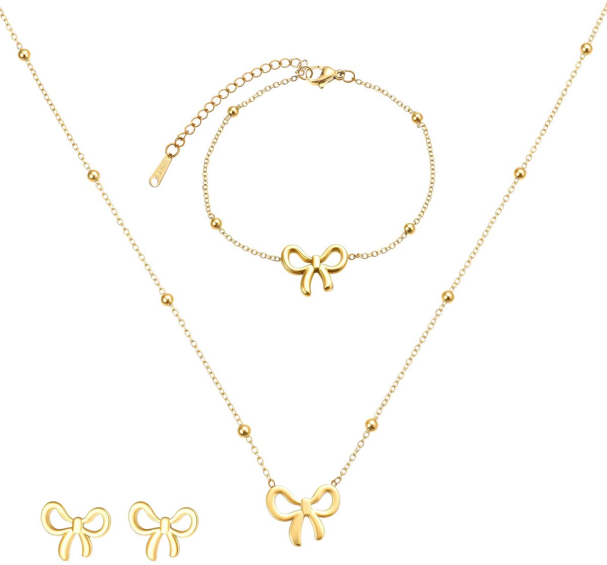3-delige gouden ketting en oorbel set, strikjes sieraden gouden trendy striklint choker ketting strikjes spullen cadeaus kerst vakantie sieraden kettingen + armband + oorbellen