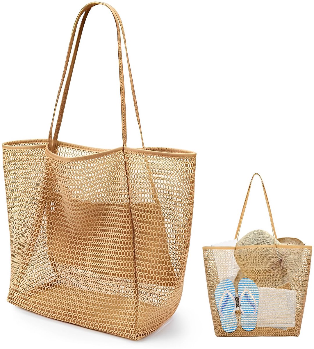 Strandtas voor dames, multifunctionele nettas met binnenzak met ritssluiting, voor zee, camping, winkelen, reizen