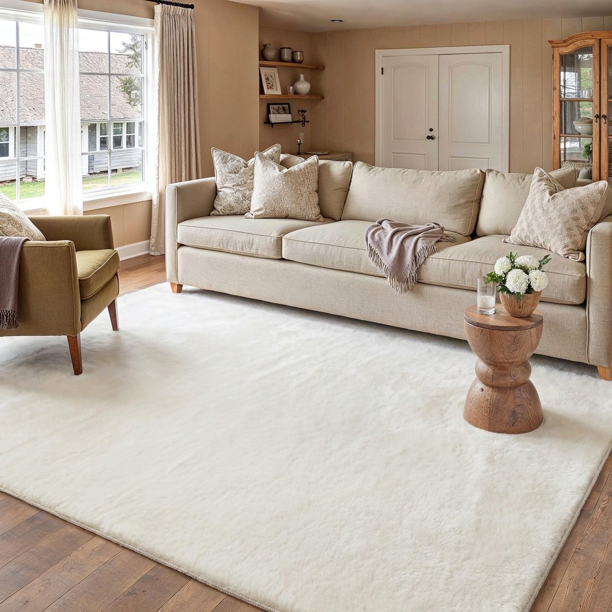 Kunstbont Woonkamer Tapijt 160x230cm Beige Antislip Wasbaar Groot Vloerkleed Slaapkamer Kinderkamer Kantoor Ontspanningsruimte Vloerkleden Decoratie Carpet Langharig Rug