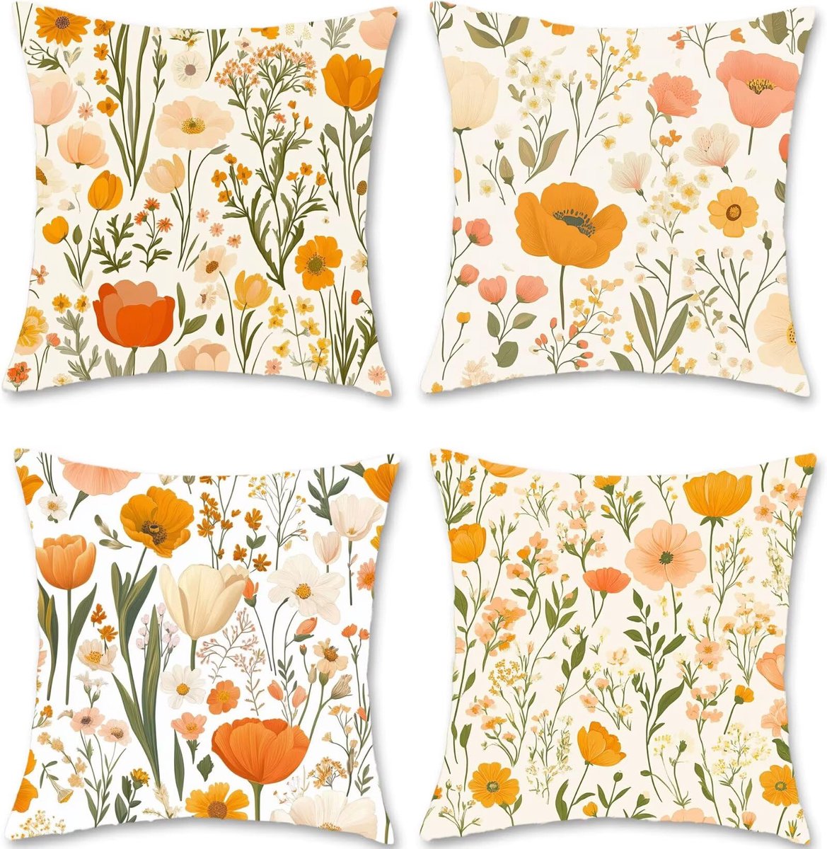 40 x 40 cm, oranje, kussen, bankkussen, waterdicht, linnen, bloemen, set van 4 sierkussens met verborgen ritssluiting, voor bank, woonkamer, thuis, decoratie S1-373