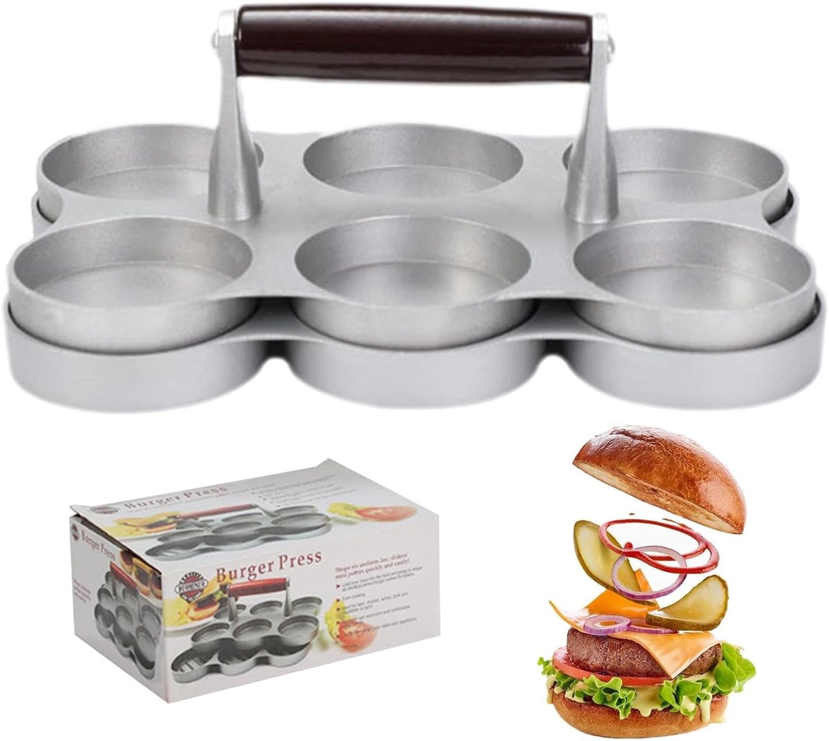 Burgerpers Patty Maker - Vleesvormer - Burgers Maken - 6 Rondjes Tegelijk - 23.4 cm Lengte - Multicolor