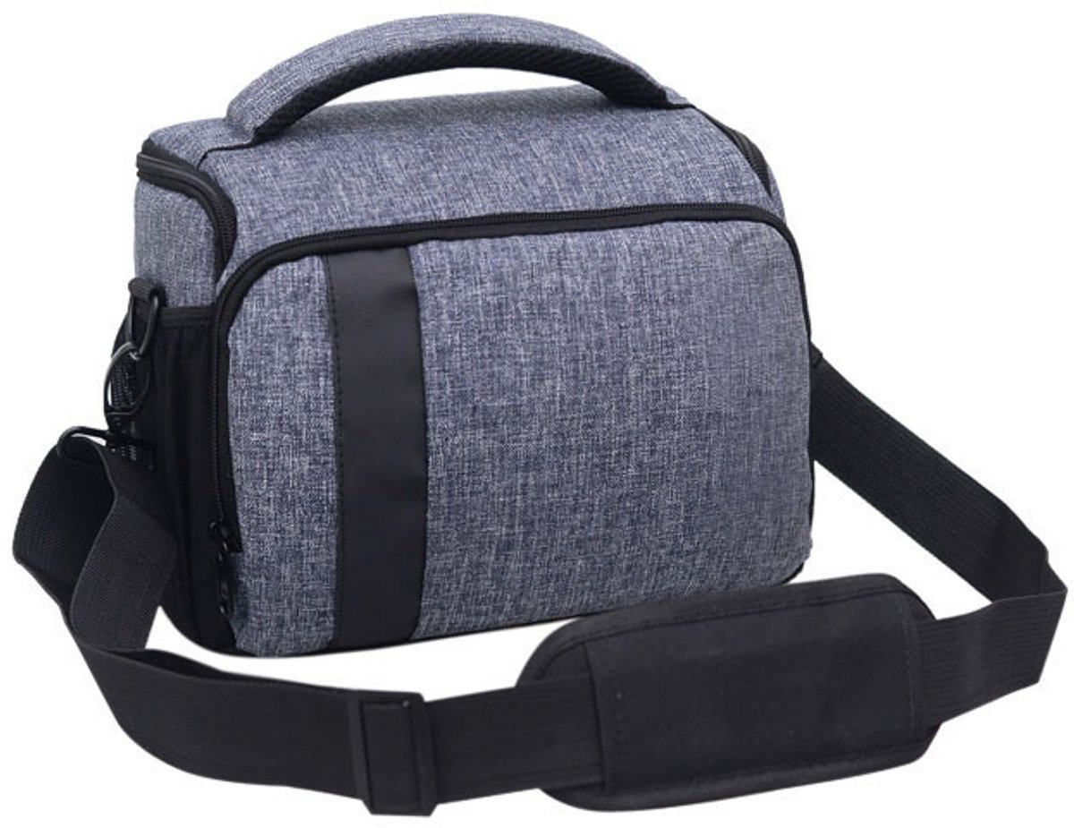 Grijze universele compacte projector opbergtas afmetingen 27x14x20 cm, waterafstotend linnentextiel, met handgreep en gewatteerde afneembare schouderriem voor mini draagbare projectoren en accessoires