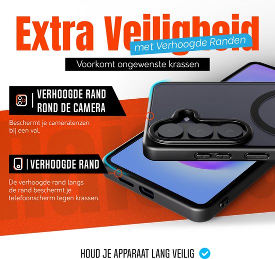 Zwarte telefoonhoes met verhoogde randen rond camera en scherm. Tekst: "Extra Veiligheid".