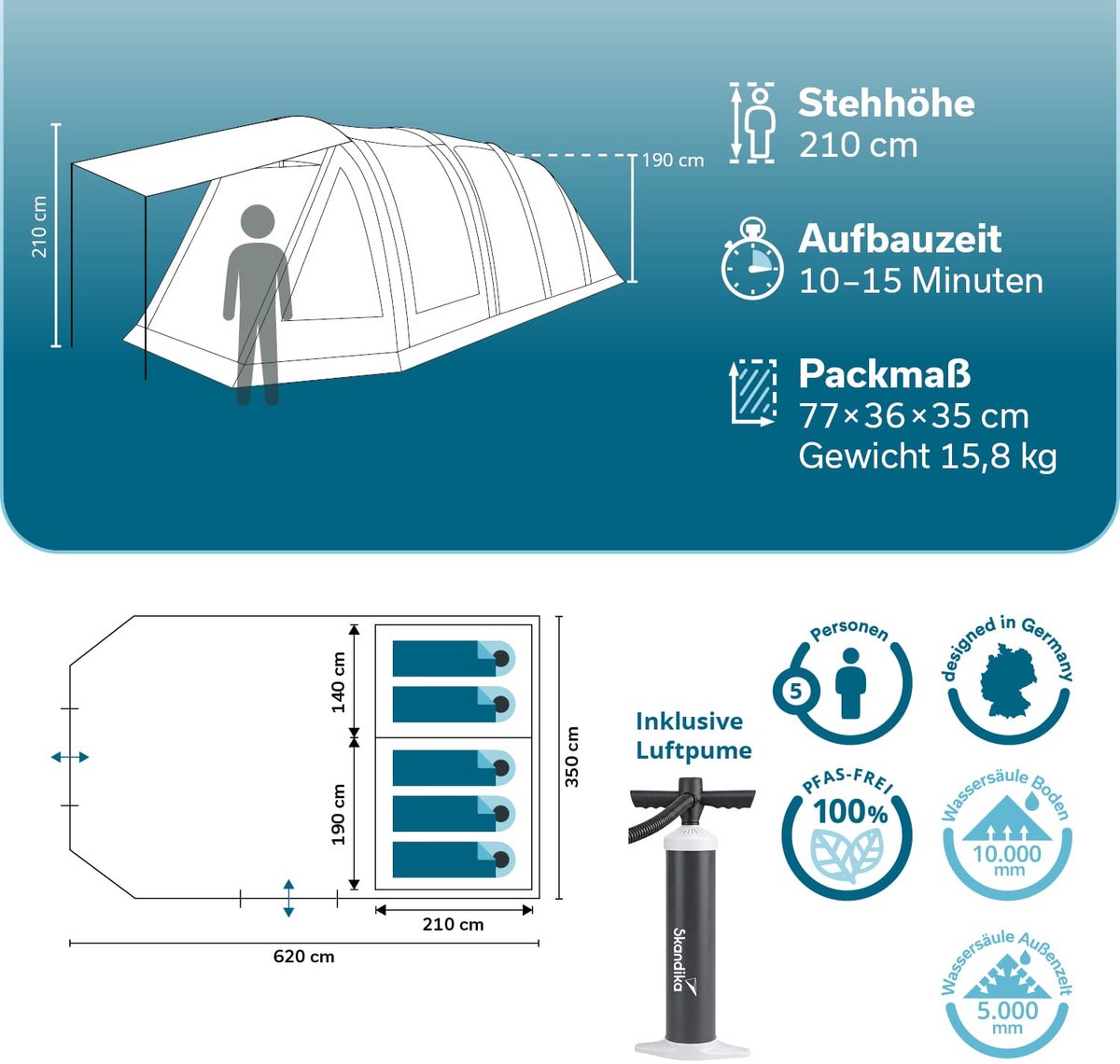 Skandika opblaasbare tent Folldal 5 Air Protect - Luchttent voor 5 personen, ingenaaid grondzeil, waterdicht, 5000 mm waterkolom, met pomp, zonneluifel | Campingtent, tunneltent, airtent – foto 2