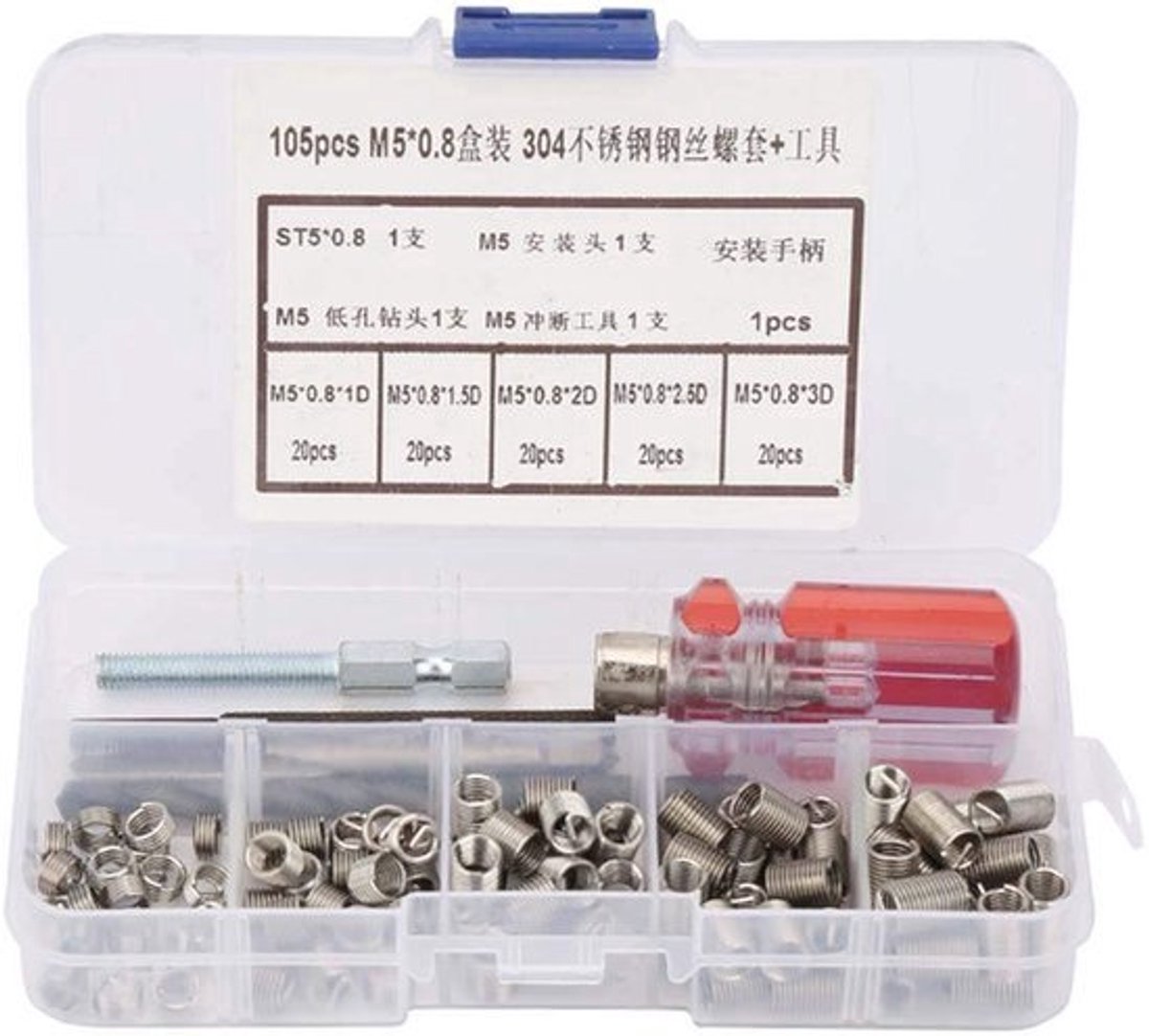 Stainless steel wire screw sleeves, 105 stuks