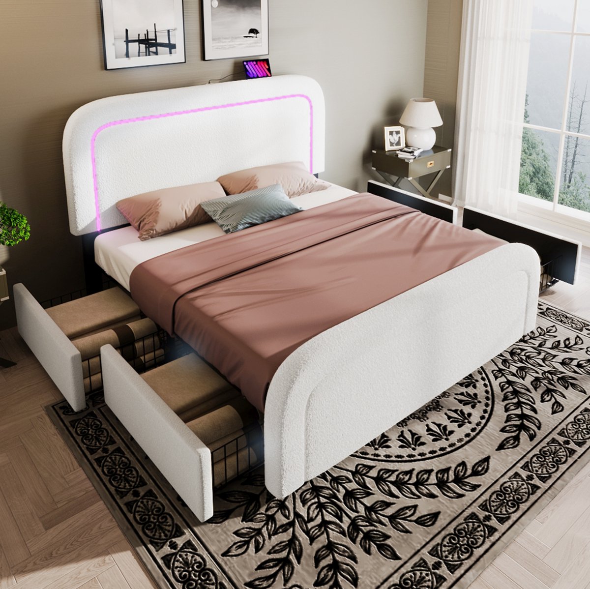 MEUNIQ tweepersoons bedframe 160x200 cm met USB-C en USB, LED-verlichting, 4 lades, verstelbaar hoofdeinde en houten lattenbodem, sherpa wit