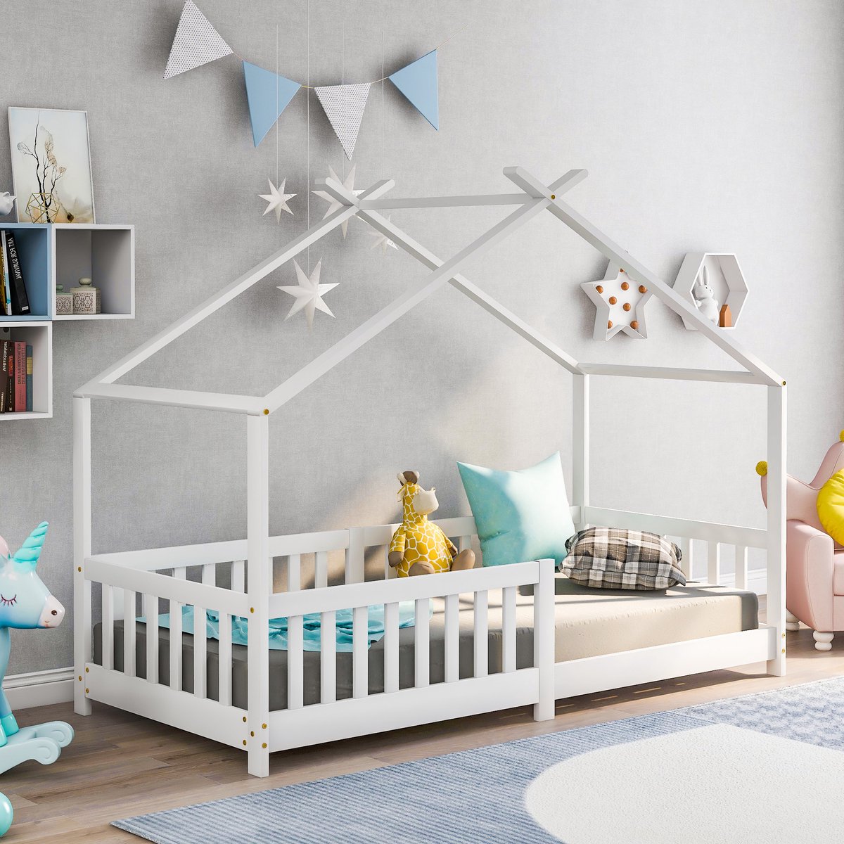 MEUNIQ huisbed kinderbed 90x200 cm met lattenbodem en veiligheidshek, wit grenenhouten bedframe voor kinderkamer, eenpersoonsbed met dakconstructie
