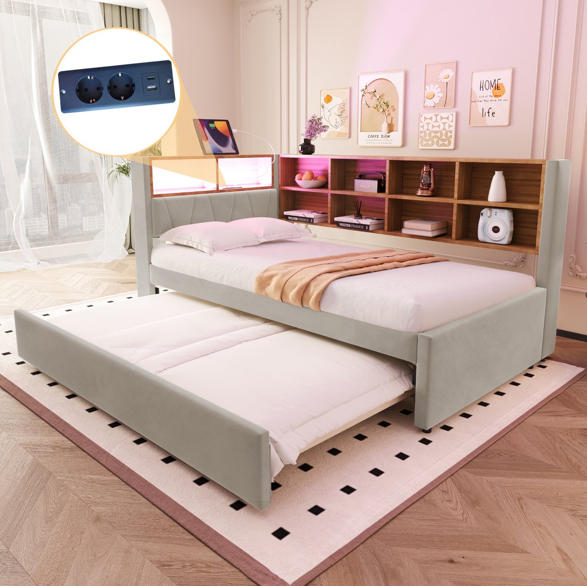 MEUNIQ slaapbank 90 x 200 cm met uitschuifbed 90 x 190 cm, LED-verlichting, USB-C en stopcontact, opbergvakken, eenpersoons bedbank voor slaapkamer, lichtgrijs