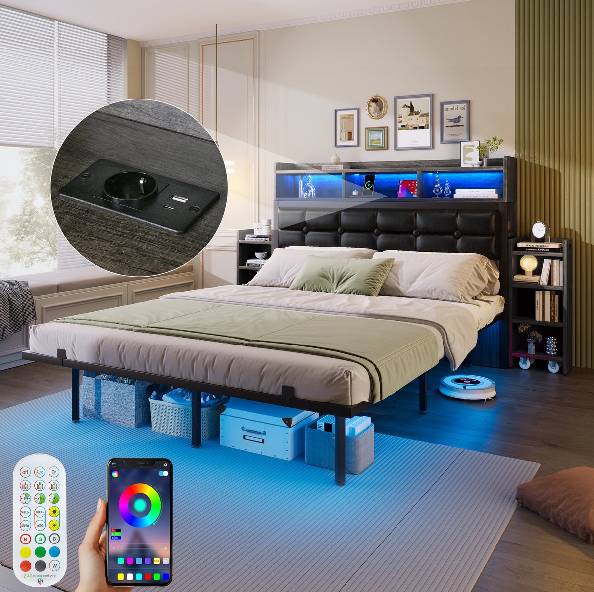 MEUNIQ tweepersoons bed 140x190 cm met lattenbodem, LED-verlichting, hoofdbord met USB, USB-C en stopcontact, 2 uitschuifbare nachtkastjes en opbergvakken, grijs