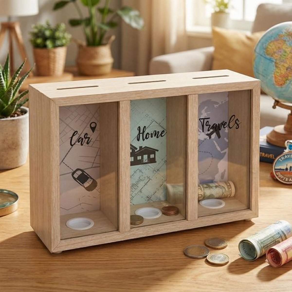Decoratieve houten spaarpot voor dagelijkse besparingen