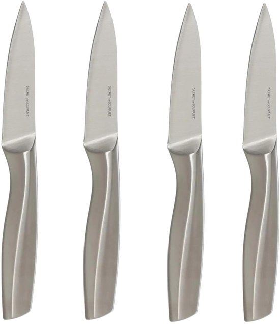 Vier zilverkleurige schilmessen naast elkaar met ergonomische handvatten.