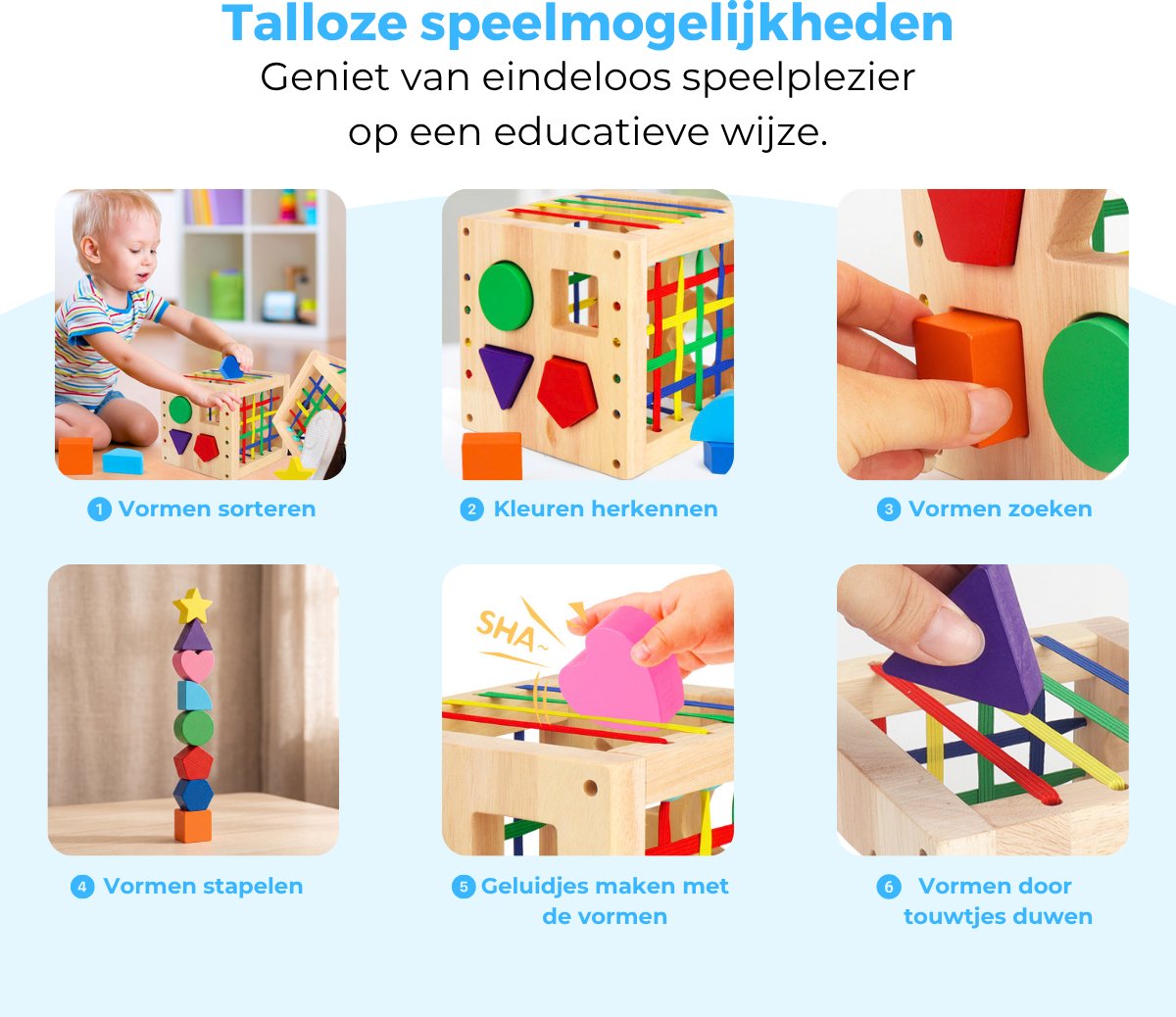 Mauzek® Houten Activiteiten Kubus – Montessori Speelgoed – Houten Speelgoed – Blokkendoos – Speelkubus – Sensorisch Speelgoed – Educatief Speelgoed – Vormenstoof – Peuter Speelgoed – Jongens – Meisjes – 1 jaar – 2 jaar –3 jaar –4 jaar — afbeelding 2